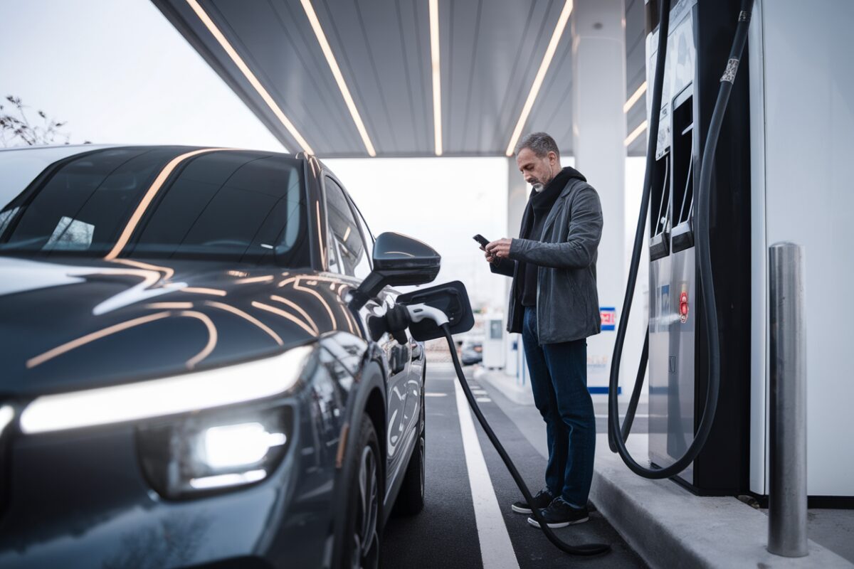 Un automobiliste compare pompe à essence et recharge électrique sur une aire moderne