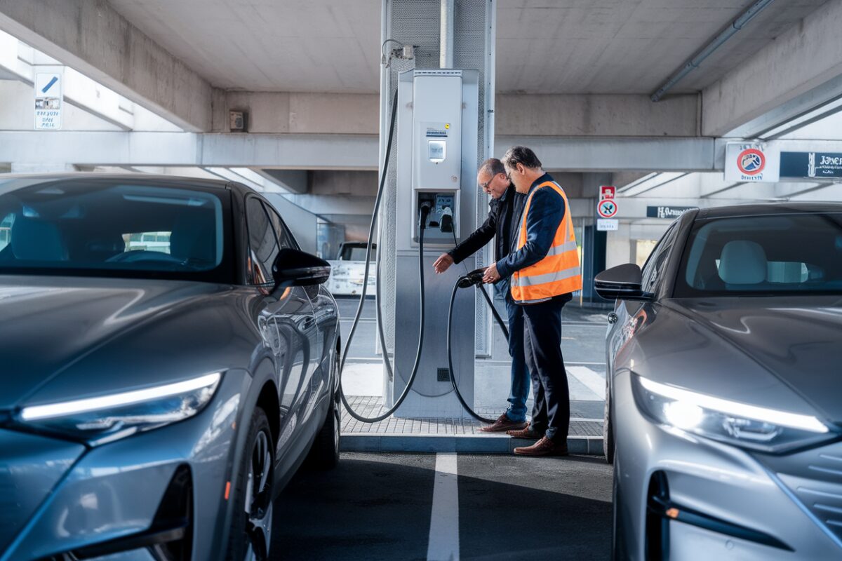 Un technicien inspecte une infrastructure de recharge dans un parking de copropriété